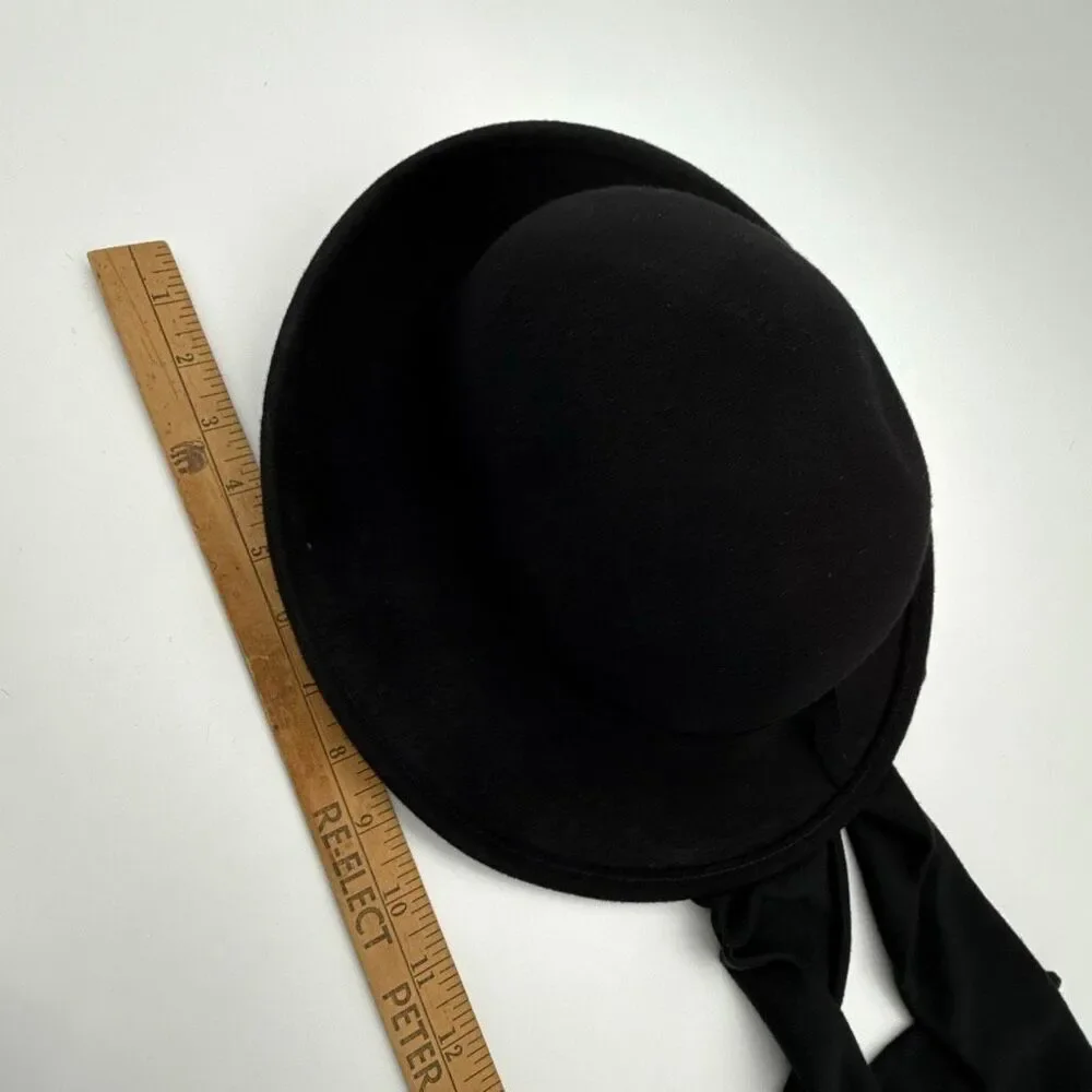 Vintage Black Wool Cloche Hat w/ Back Ribbon Ties | 1990s Y2K Women’s Felt Hat - Picture 11 of 11